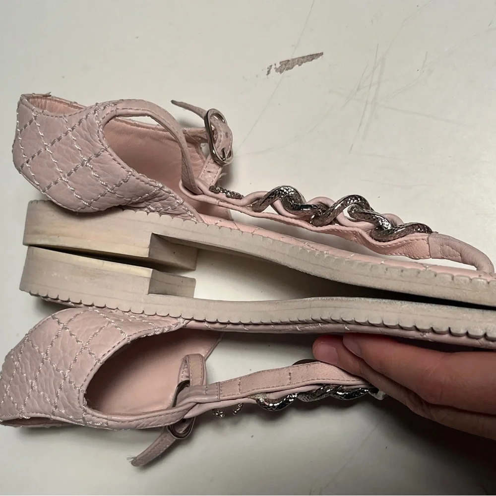 CHANEL Light Pink Quilted Sandals with Silver Accents